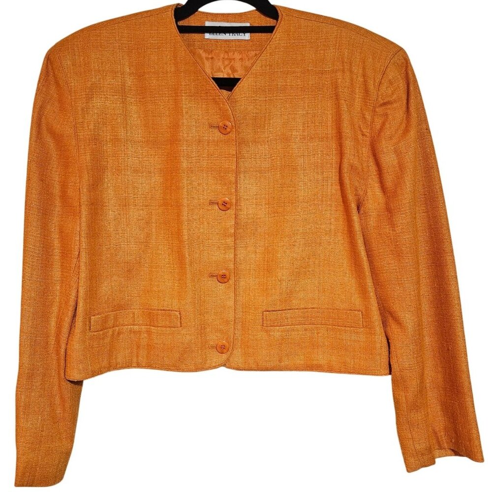 Linda Allard For Ellen Tracy Womens Orange Silk Button-Front Blazer Jacket Size